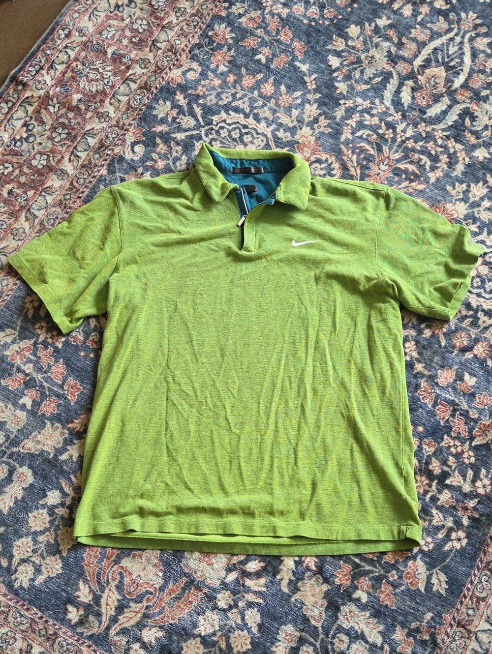 Nike Tiger Woods Bright Lime Green Polo with Contrast Teal Inner Placket XL